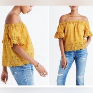 Madewell Boho Beach Mustard Eyelet Lace Off Shoulder Floaty Bell Sleeve Blouse S